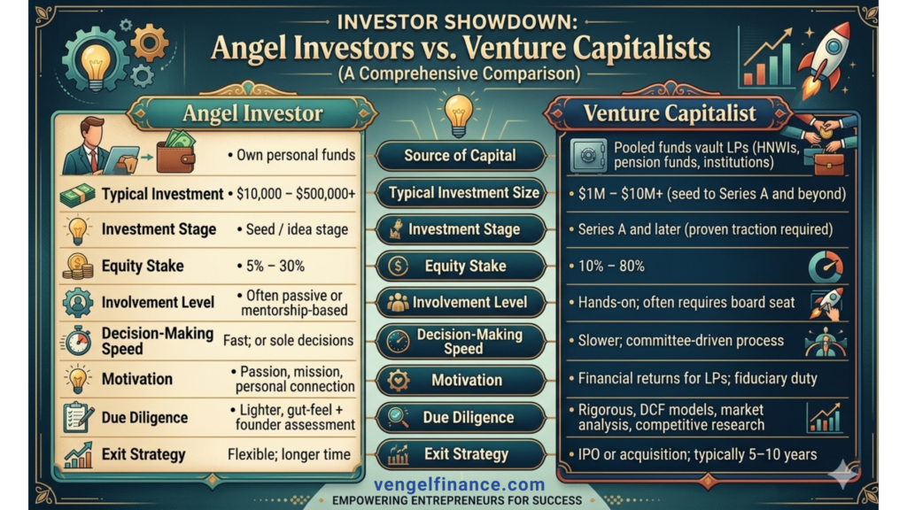 An infographic showing the 9 differences between angel investors and venture capital investors