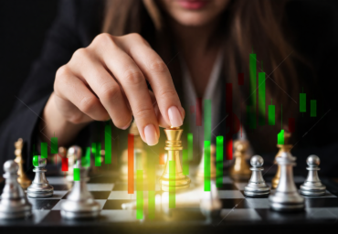 Lady playing chess with virtual candlesticks on the image