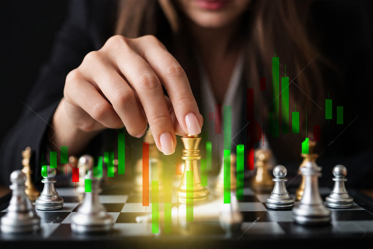 Lady playing chess with virtual candlesticks on the image