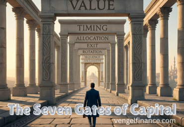 An investor walking through seven monumental gates toward the city beyond