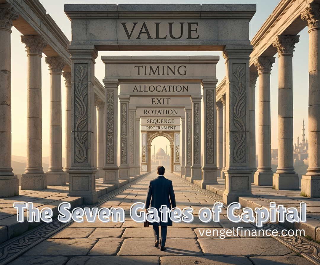 An investor walking through seven monumental gates toward the city beyond